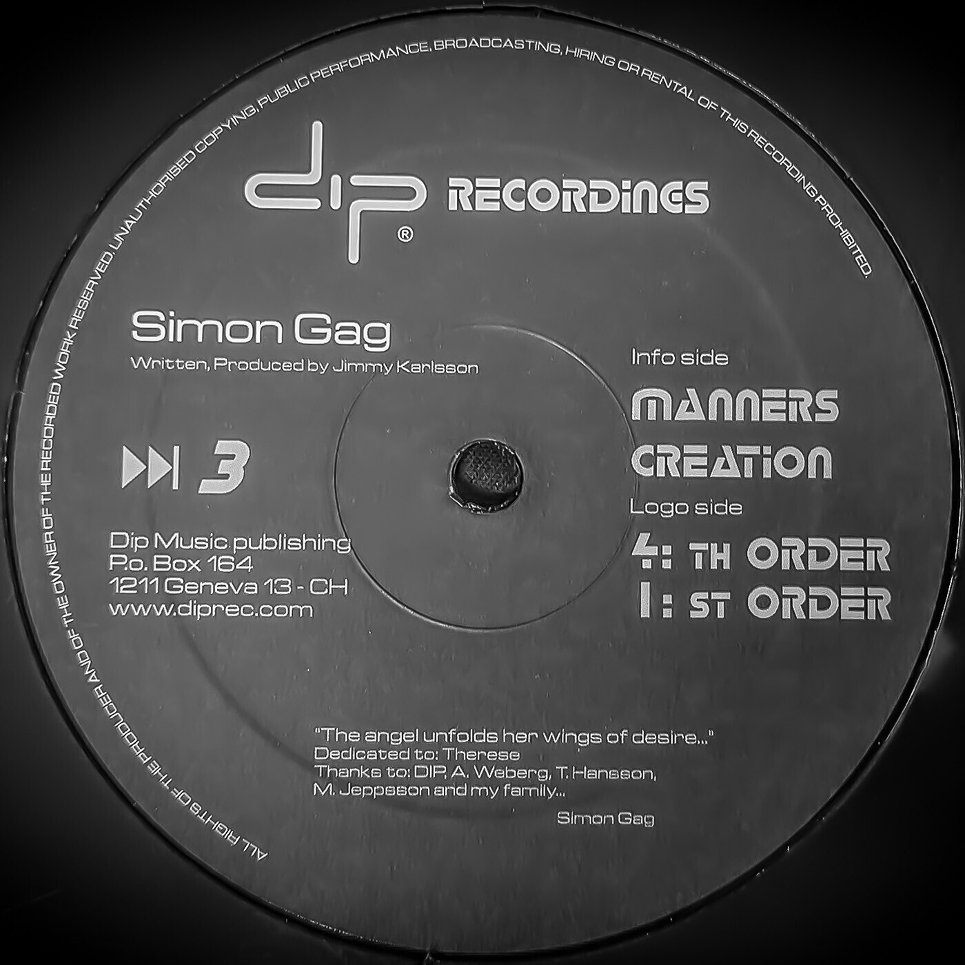 Cover of Simon Gag - Manners EP (DIP003) on DIP Recordings.